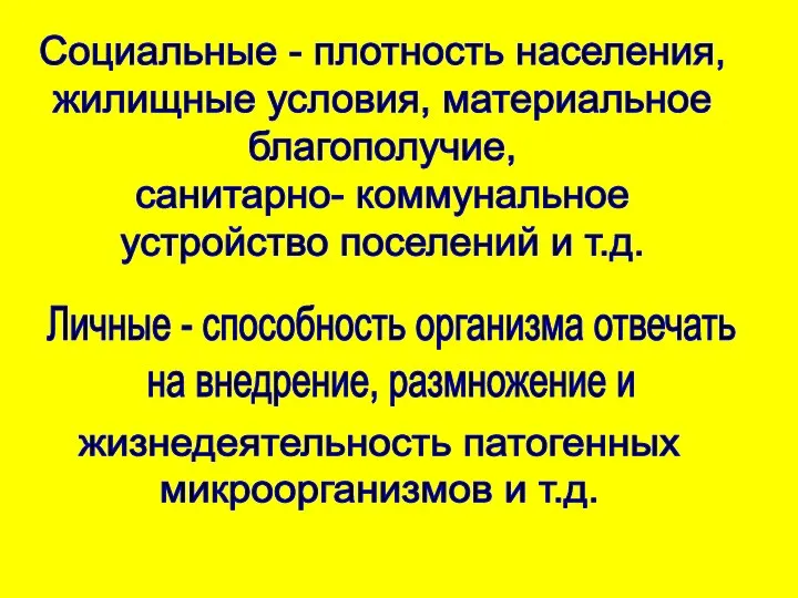 Социальные - плотность населения, жилищные условия, материальное благополучие, санитарно- коммунальное устройство