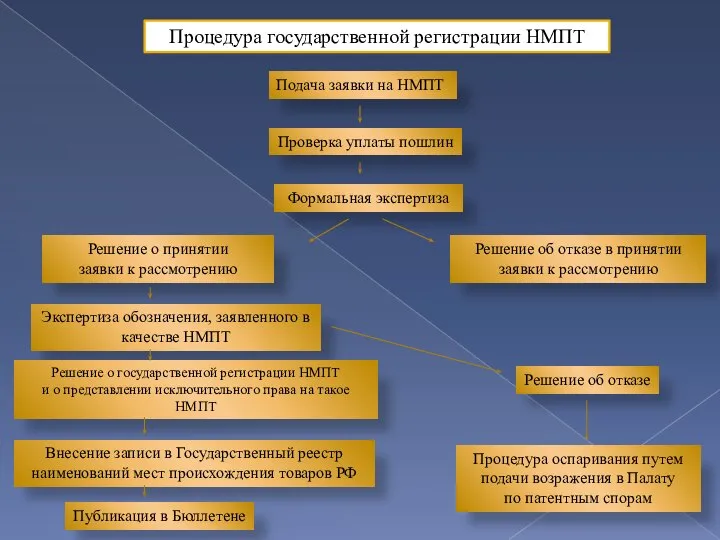 Процедура государственной регистрации НМПТ Подача заявки на НМПТ Проверка уплаты пошлин