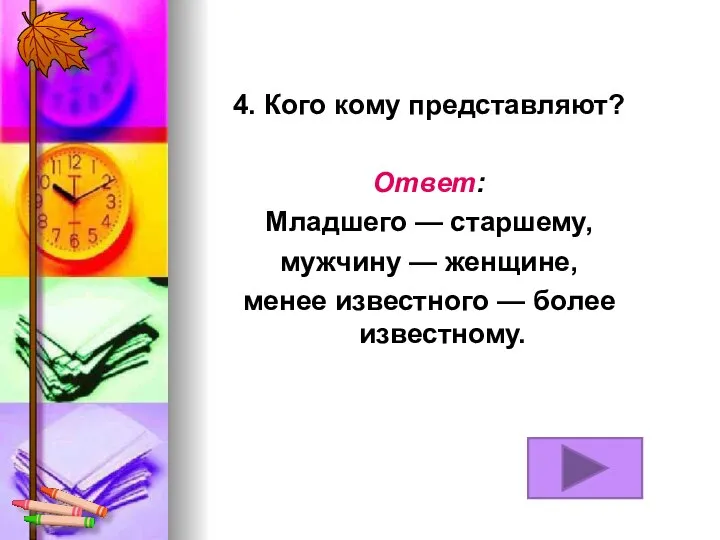 4. Кого кому представляют? Ответ: Младшего — старшему, мужчину — женщине, менее известного — более известному.