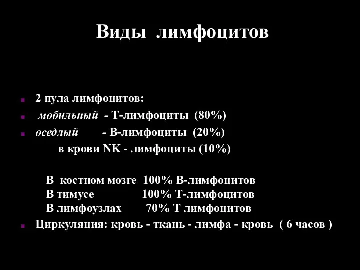 Виды лимфоцитов 2 пула лимфоцитов: мобильный - Т-лимфоциты (80%) оседлый -