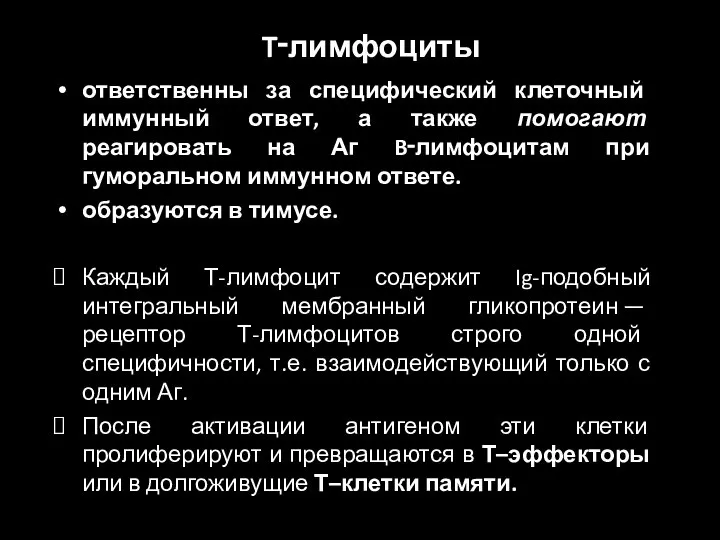 T‑лимфоциты ответственны за специфический клеточный иммунный ответ, а также помогают реагировать