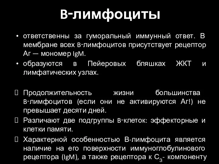 B‑лимфоциты ответственны за гуморальный иммунный ответ. В мембране всех B‑лимфоцитов присутствует