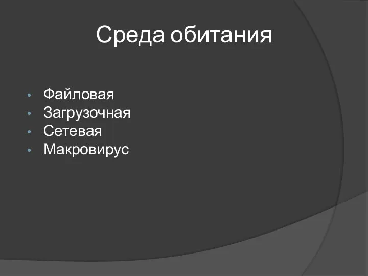 Среда обитания Файловая Загрузочная Сетевая Макровирус