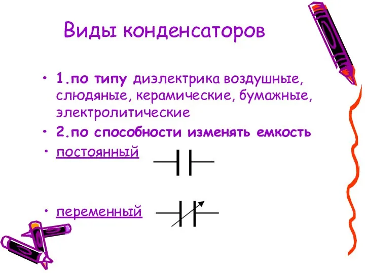 Виды конденсаторов 1.по типу диэлектрика воздушные, слюдяные, керамические, бумажные, электролитические 2.по способности изменять емкость постоянный переменный