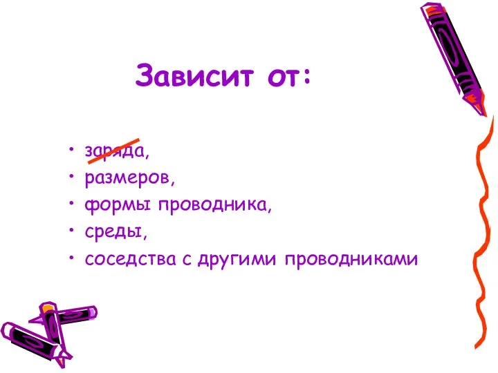 Зависит от: заряда, размеров, формы проводника, среды, соседства с другими проводниками