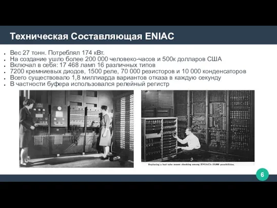 Техническая Составляющая ENIAC Вес 27 тонн. Потреблял 174 кВт. На создание