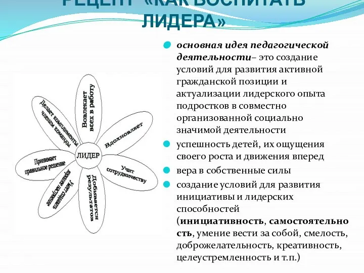 РЕЦЕПТ «КАК ВОСПИТАТЬ ЛИДЕРА» основная идея педагогической деятельности– это создание условий