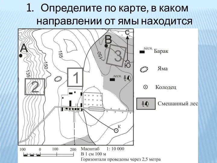 Определите по карте, в каком направлении от ямы находится колодец.