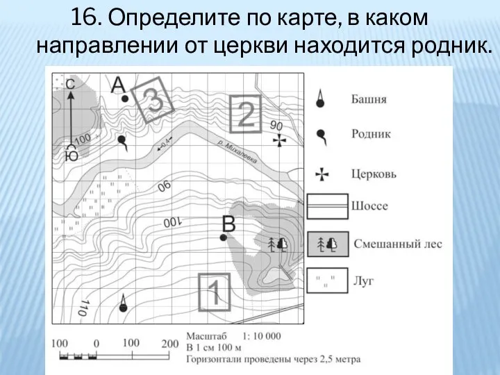 16. Определите по карте, в каком направлении от церкви находится родник.