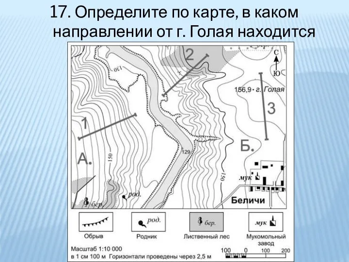 17. Определите по карте, в каком направлении от г. Голая находится родник.