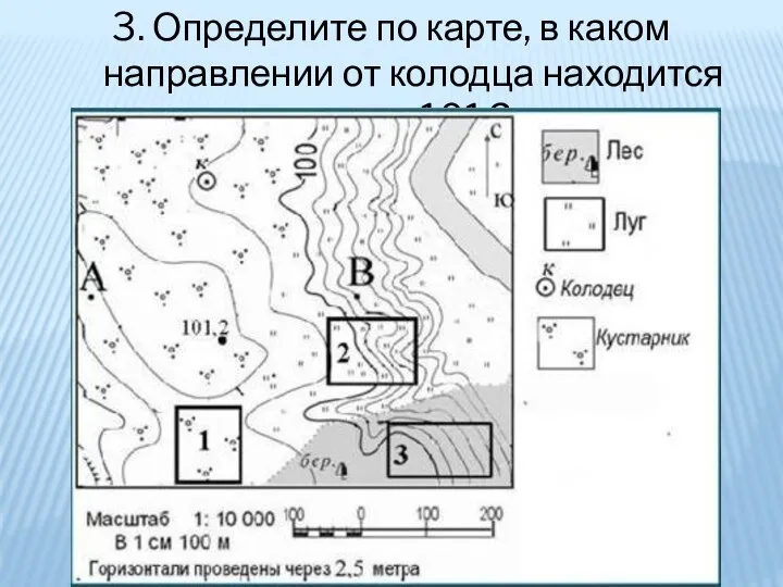 3. Определите по карте, в каком направлении от колодца находится отметка 101,2 м.