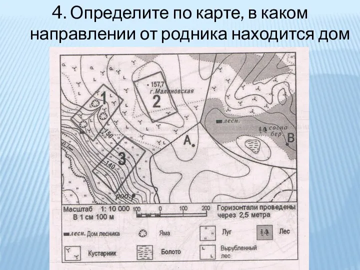 4. Определите по карте, в каком направлении от родника находится дом лесника.