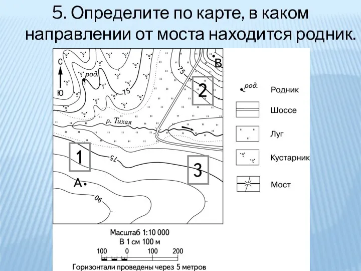 5. Определите по карте, в каком направлении от моста находится родник.