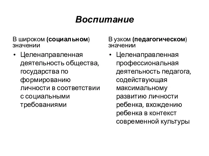 Воспитание В широком (социальном) значении Целенаправленная деятельность общества, государства по формированию