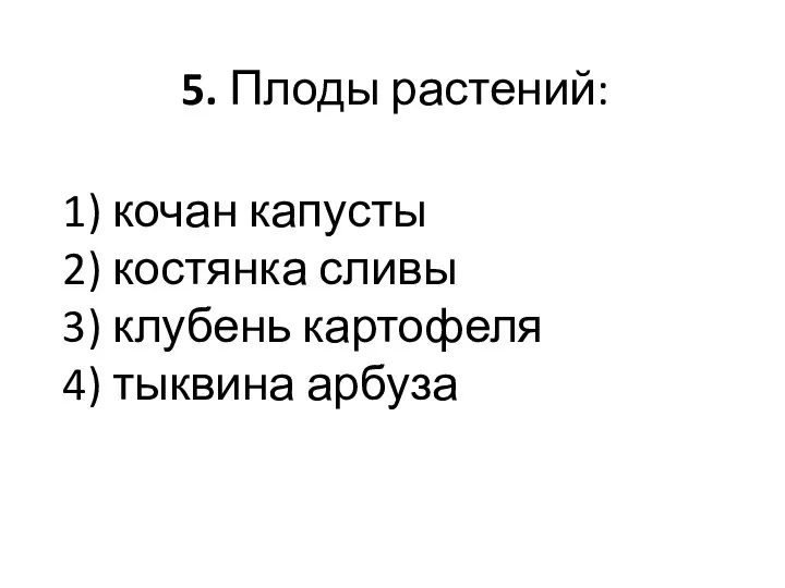 5. Плоды растений: 1) кочан капусты 2) костянка сливы 3) клубень картофеля 4) тыквина арбуза