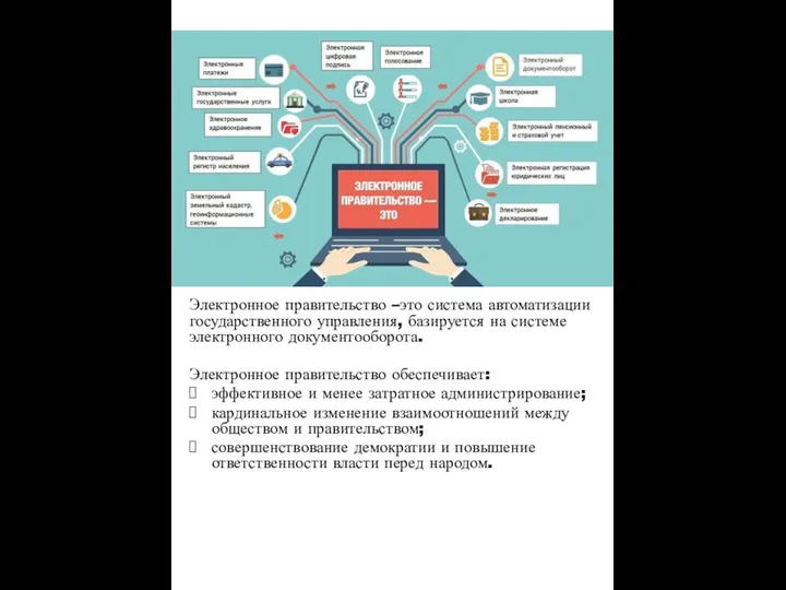 Электронное правительство –это система автоматизации государственного управления, базируется на системе электронного