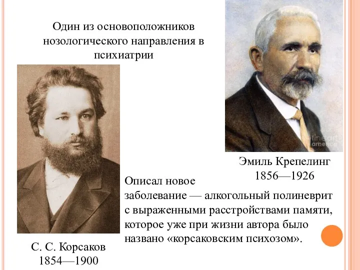 С. С. Корсаков 1854—1900 Описал новое заболевание — алкогольный полиневрит с