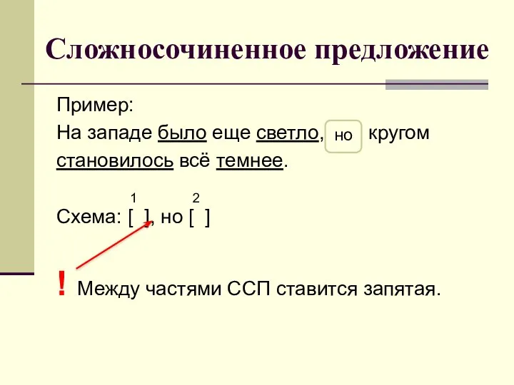 Сложносочиненное предложение Пример: На западе было еще светло, но кругом становилось