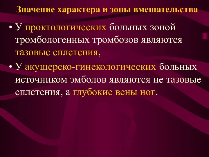 Значение характера и зоны вмешательства У проктологических больных зоной тромбологенных тромбозов