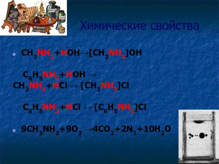 Химические свойства CH3NH2+HOH→[CH3NH3]OH C6H5NH2+HOH → CH3NH2+HCl → [CH3NH3]Cl C6H5NH2+HCl → [C6H5NH3]Cl 9CH3NH2+9O2 →4CO2+2N2+10H2O