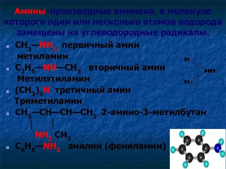 Амины-производные аммиака, в молекуле которого один или несколько атомов водорода замещены