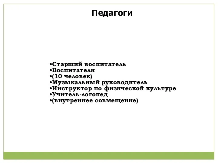 Старший воспитатель Воспитатели (10 человек) Музыкальный руководитель Инструктор по физической культуре Учитель-логопед (внутреннее совмещение) Педагоги