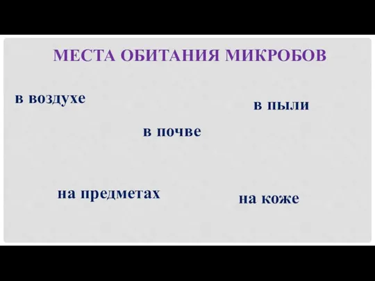 МЕСТА ОБИТАНИЯ МИКРОБОВ в воздухе в почве в пыли на предметах на коже