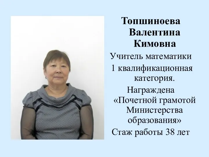 Топшиноева Валентина Кимовна Учитель математики 1 квалификационная категория. Награждена «Почетной грамотой