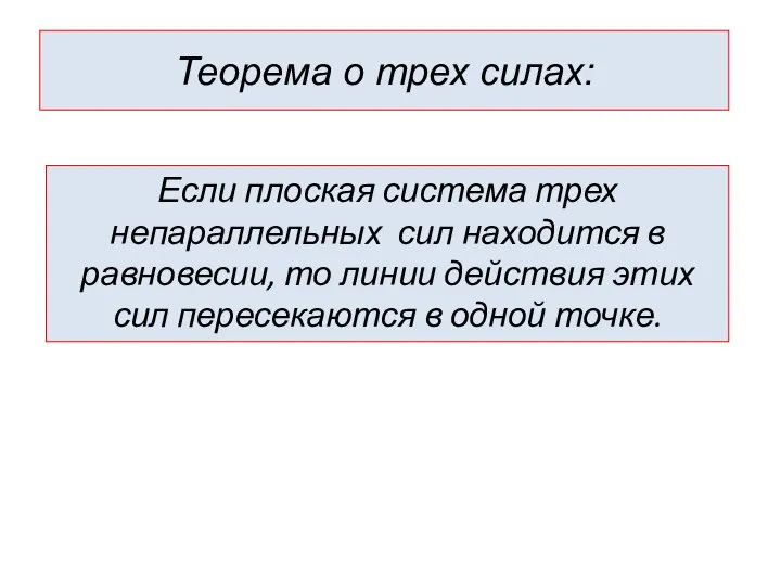 Теорема о трех силах: Если плоская система трех непараллельных сил находится