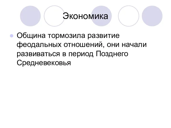 Экономика Община тормозила развитие феодальных отношений, они начали развиваться в период Позднего Средневековья