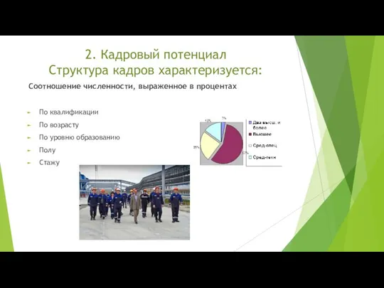 2. Кадровый потенциал Структура кадров характеризуется: Соотношение численности, выраженное в процентах