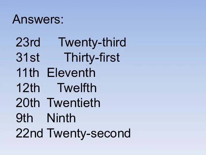 Answers: 23rd Twenty-third 31st Thirty-first 11th Eleventh 12th Twelfth 20th Twentieth 9th Ninth 22nd Twenty-second