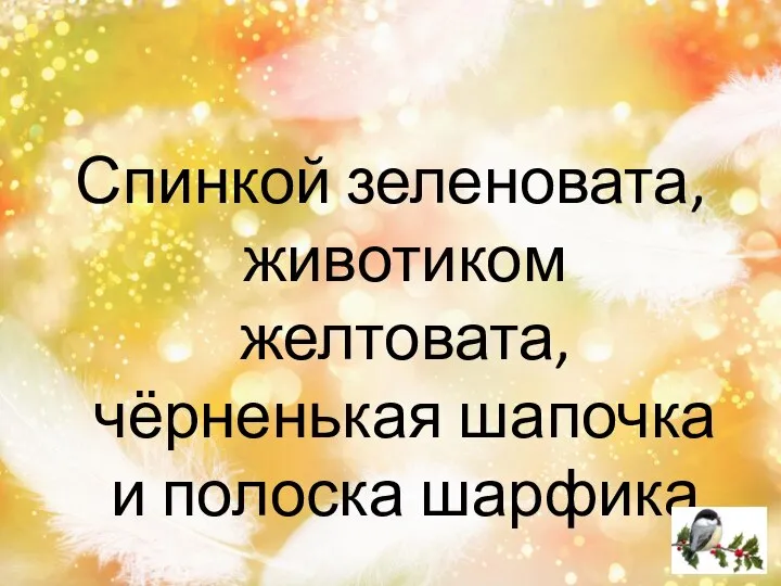 Спинкой зеленовата, животиком желтовата, чёрненькая шапочка и полоска шарфика