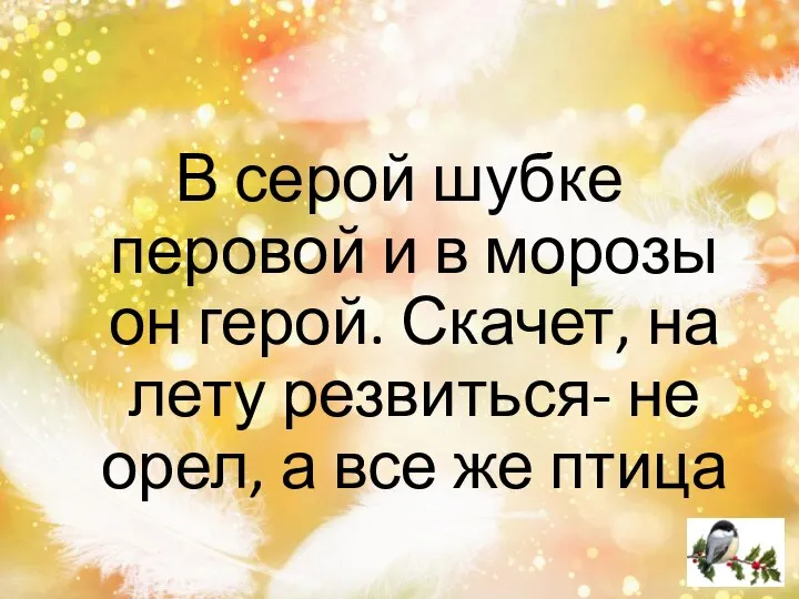 В серой шубке перовой и в морозы он герой. Скачет, на