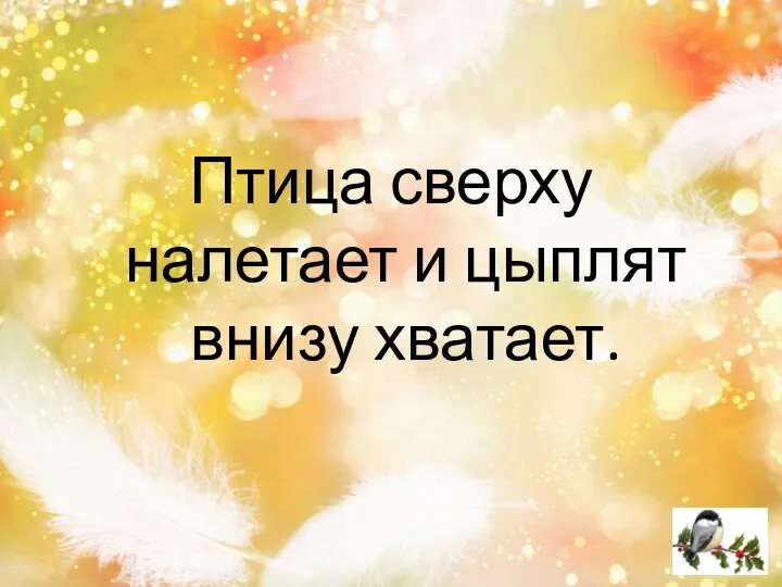 Птица сверху налетает и цыплят внизу хватает.