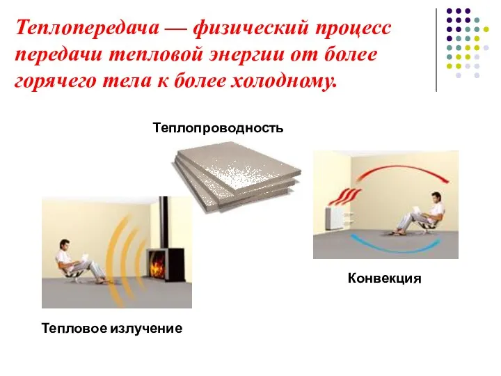 Теплопередача — физический процесс передачи тепловой энергии от более горячего тела к более холодному.