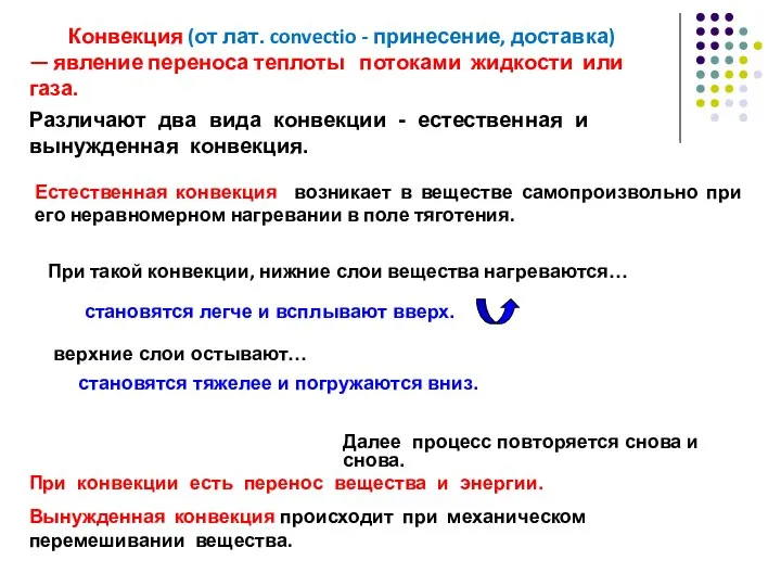 Естественная конвекция возникает в веществе самопроизвольно при его неравномерном нагревании в