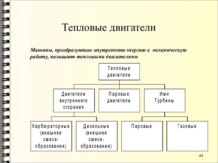 Тепловые двигатели Машины, преобразующие внутреннюю энергию в механическую работу, называют тепловыми двигателями