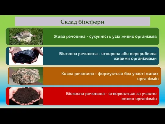 Склад біосфери Жива речовина - сукупність усіх живих організмів Біогенна речовина