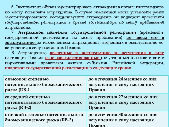 6. Эксплуатант обязан зарегистрировать аттракцион в органе гостехнадзора по месту установки