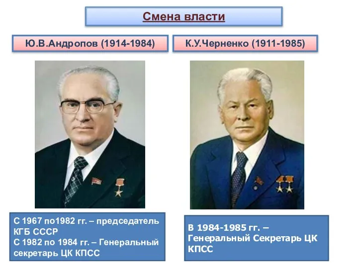 Смена власти Ю.В.Андропов (1914-1984) К.У.Черненко (1911-1985) С 1967 по1982 гг. –