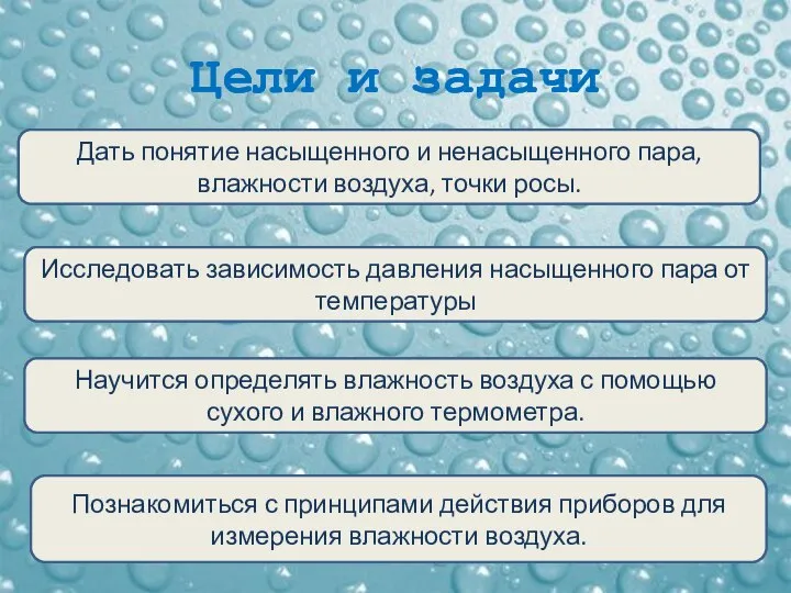 Цели и задачи Дать понятие насыщенного и ненасыщенного пара, влажности воздуха,