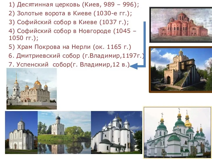 1) Десятинная церковь (Киев, 989 – 996); 2) Золотые ворота в