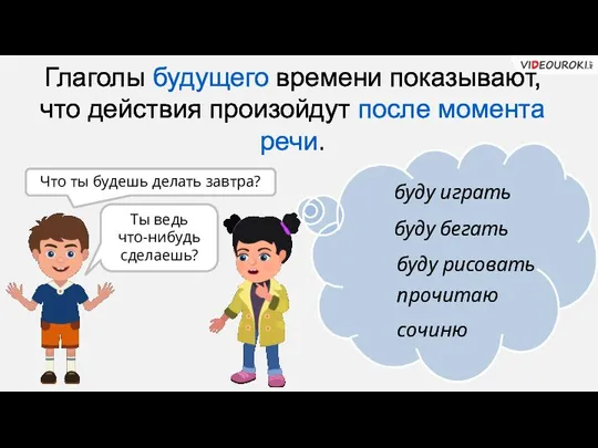 Глаголы будущего времени показывают, что действия произойдут после момента речи. буду