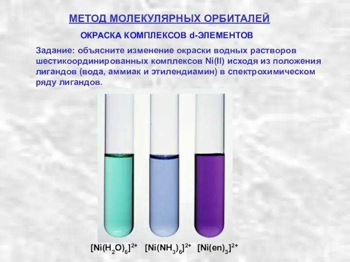 МЕТОД МОЛЕКУЛЯРНЫХ ОРБИТАЛЕЙ ОКРАСКА КОМПЛЕКСОВ d-ЭЛЕМЕНТОВ Задание: объясните изменение окраски водных