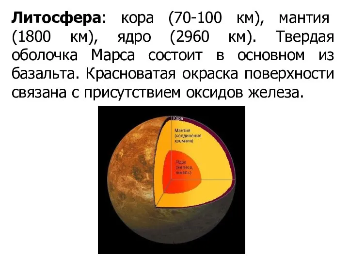 Литосфера: кора (70-100 км), мантия (1800 км), ядро (2960 км). Твердая