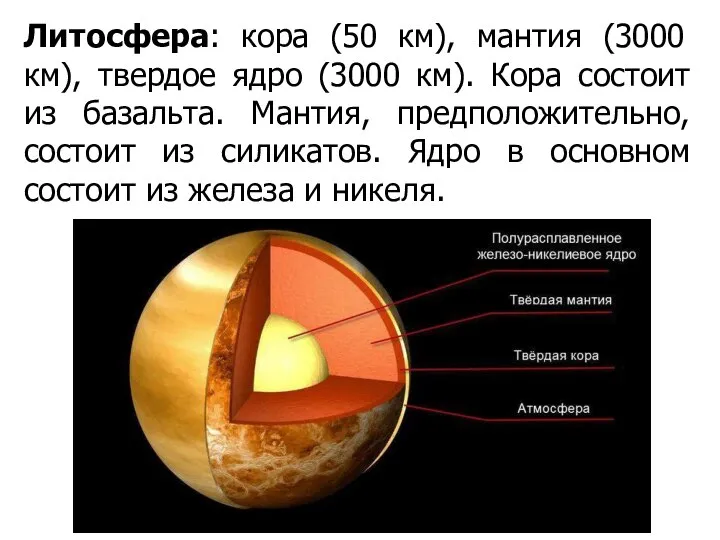 Литосфера: кора (50 км), мантия (3000 км), твердое ядро (3000 км).