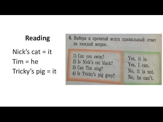 Reading Nick’s cat = it Tim = he Tricky’s pig = it