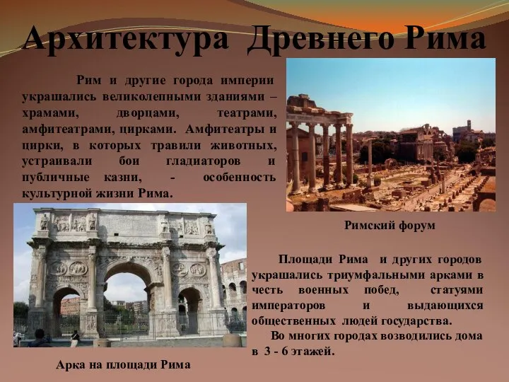 Архитектура Древнего Рима Рим и другие города империи украшались великолепными зданиями
