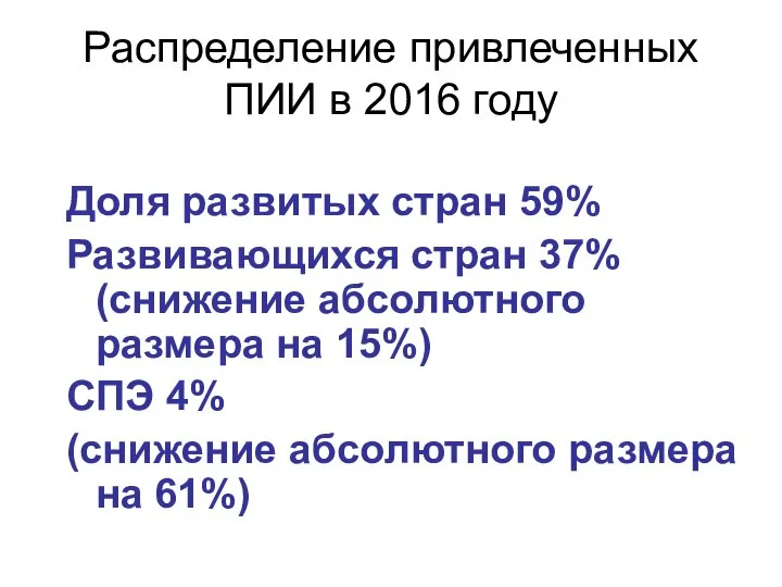 Распределение привлеченных ПИИ в 2016 году Доля развитых стран 59% Развивающихся